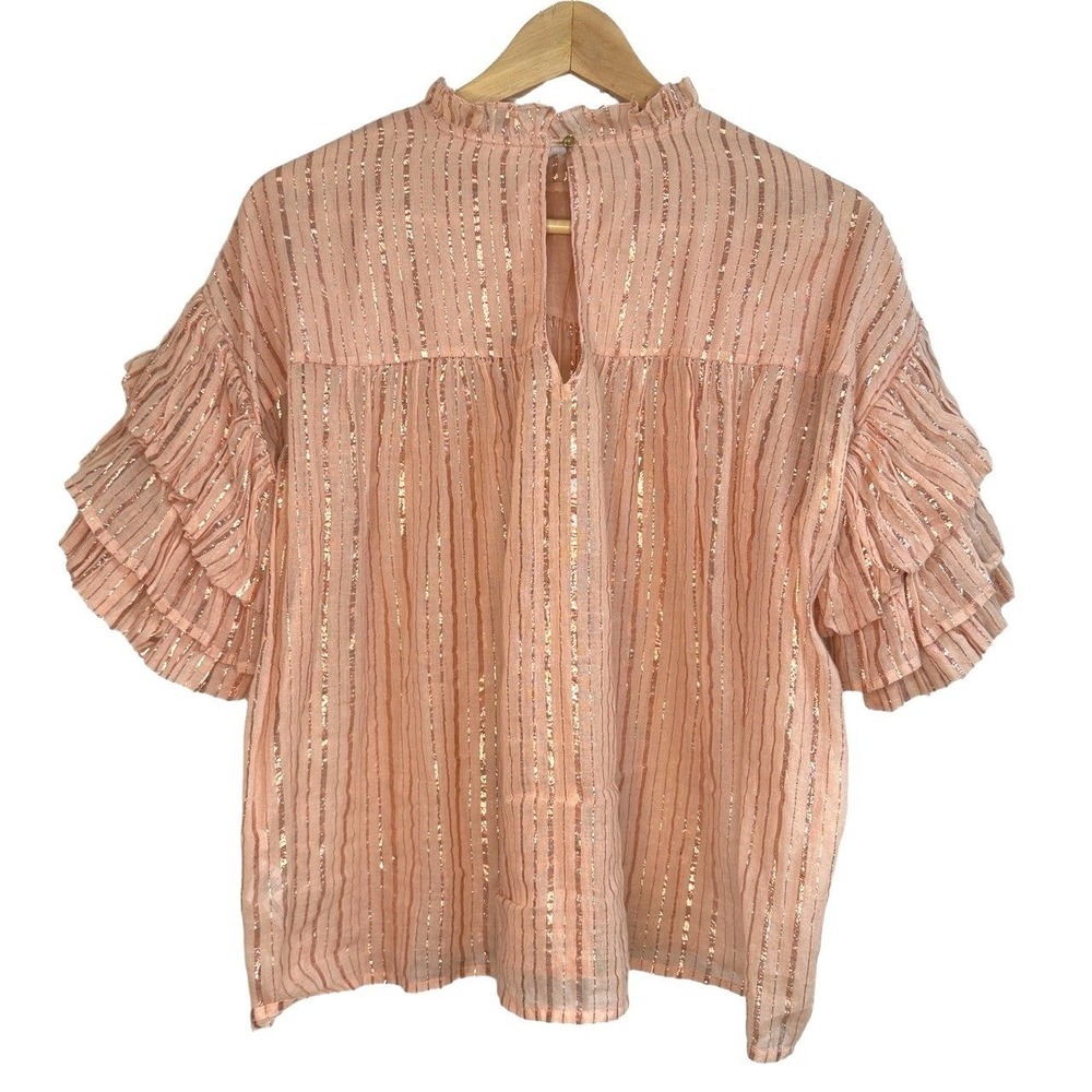 Ulla Johnson Deniz Pink Metallic Stripe Ruffle Sleeve Cotton Blouse Top US 4 / S - Picture 3 of 9